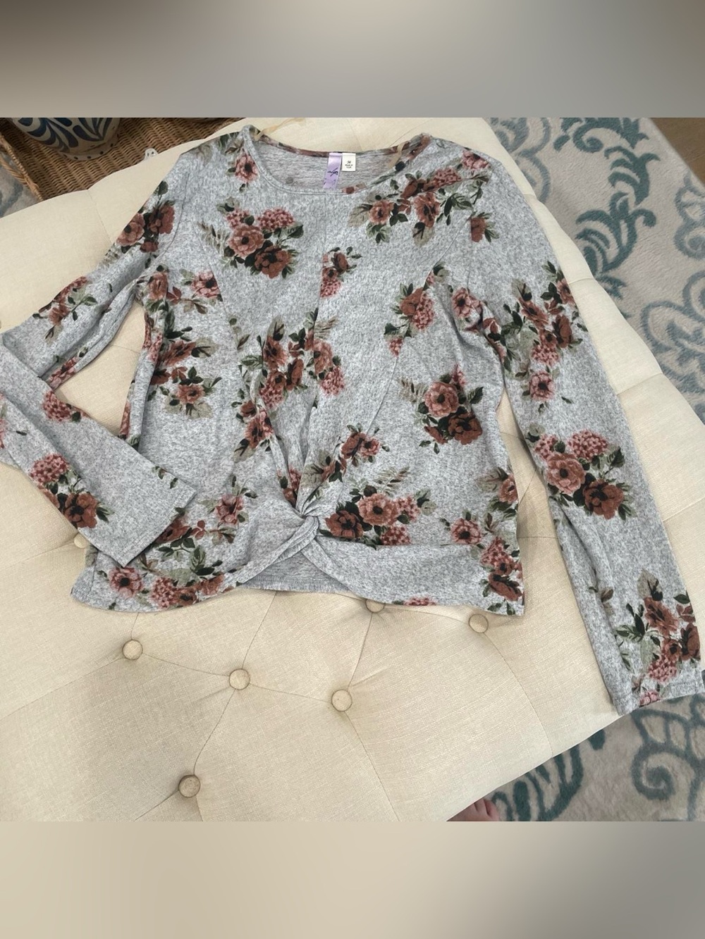 Alyx Gray Long Sleeve Floral Twist-Knot Top with Pink Roses